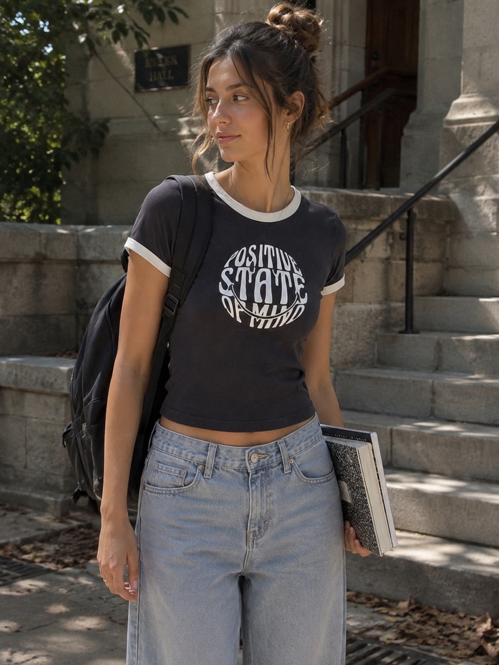 H&M Smiley Positive State of Mind Ringer Baby Tee Y2K Indie Sleaze XS